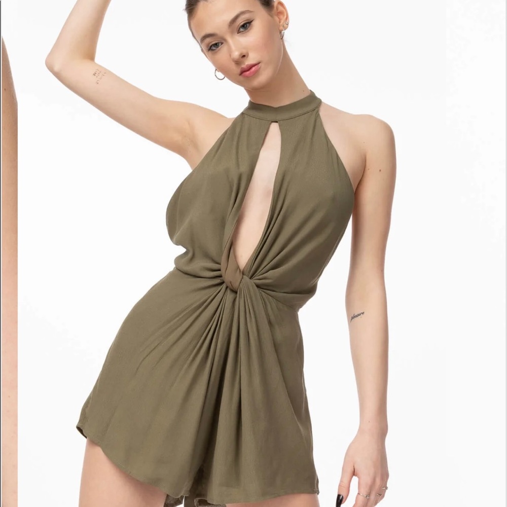 Olive High Neck Backless Romper Front Cut Out - never worn, with tags